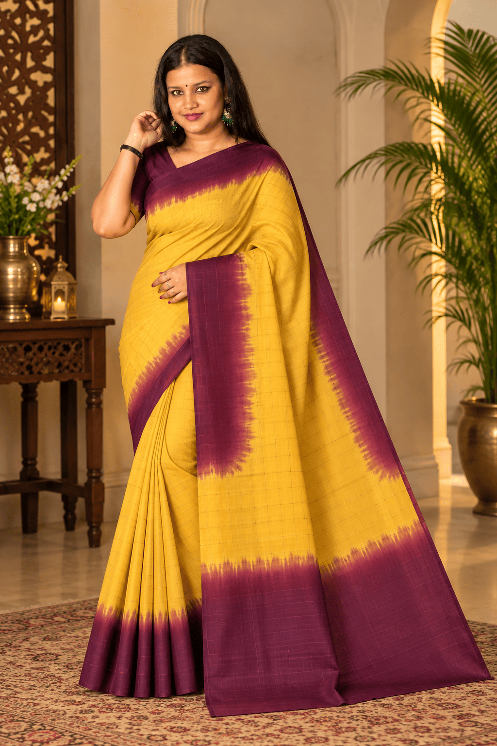 Saarbhi –Maroon Yellow Contrast Mangalgiri Check Saree image 2