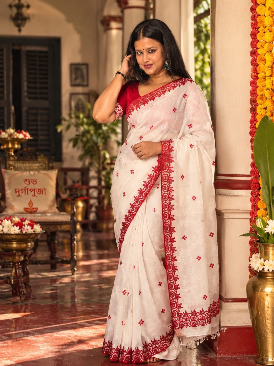 Saarbhi White Red Less Jamdani Linen Saree image 2