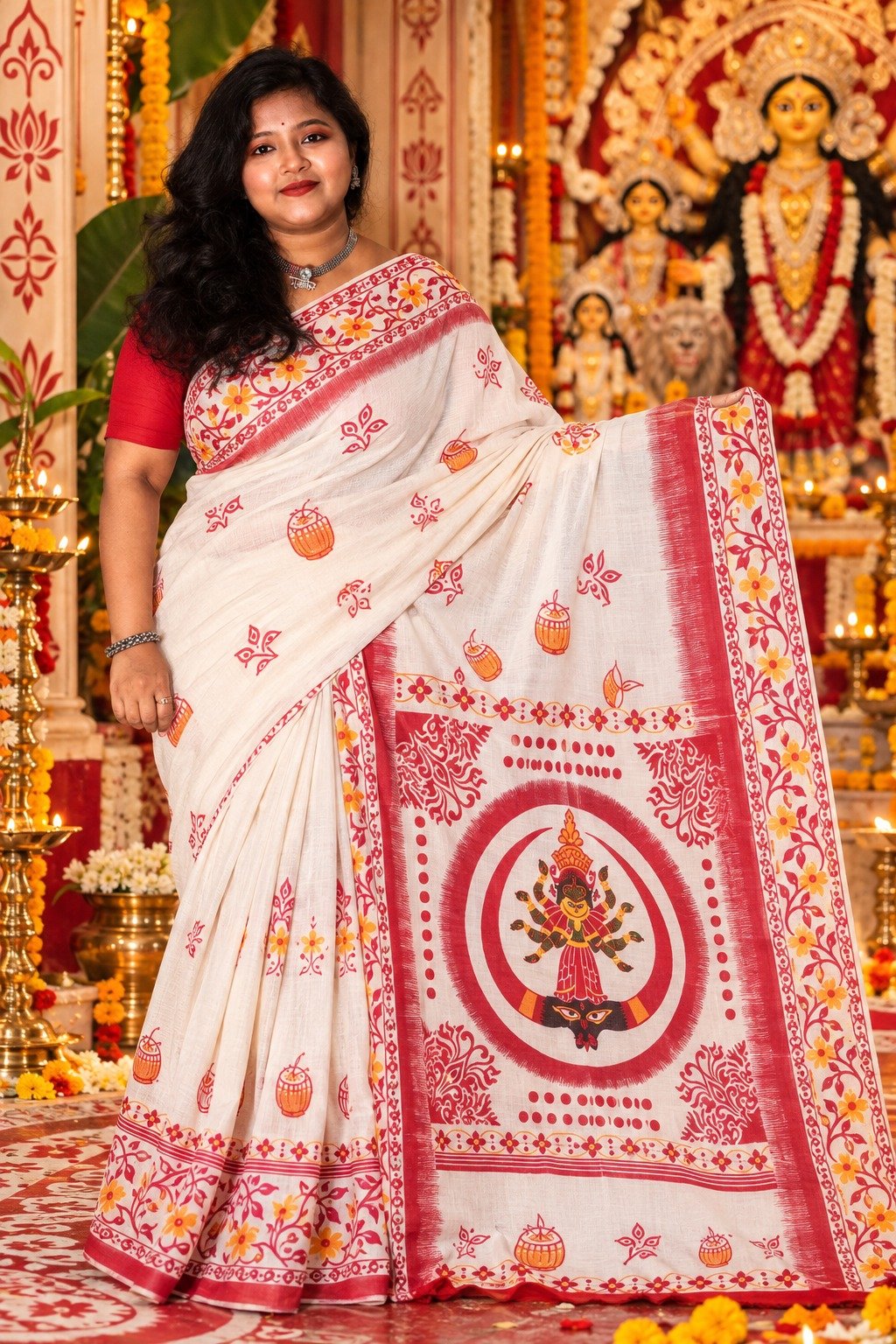 Saarbhi Pure Khadi Cotton Durga Hand Print Saree image 2