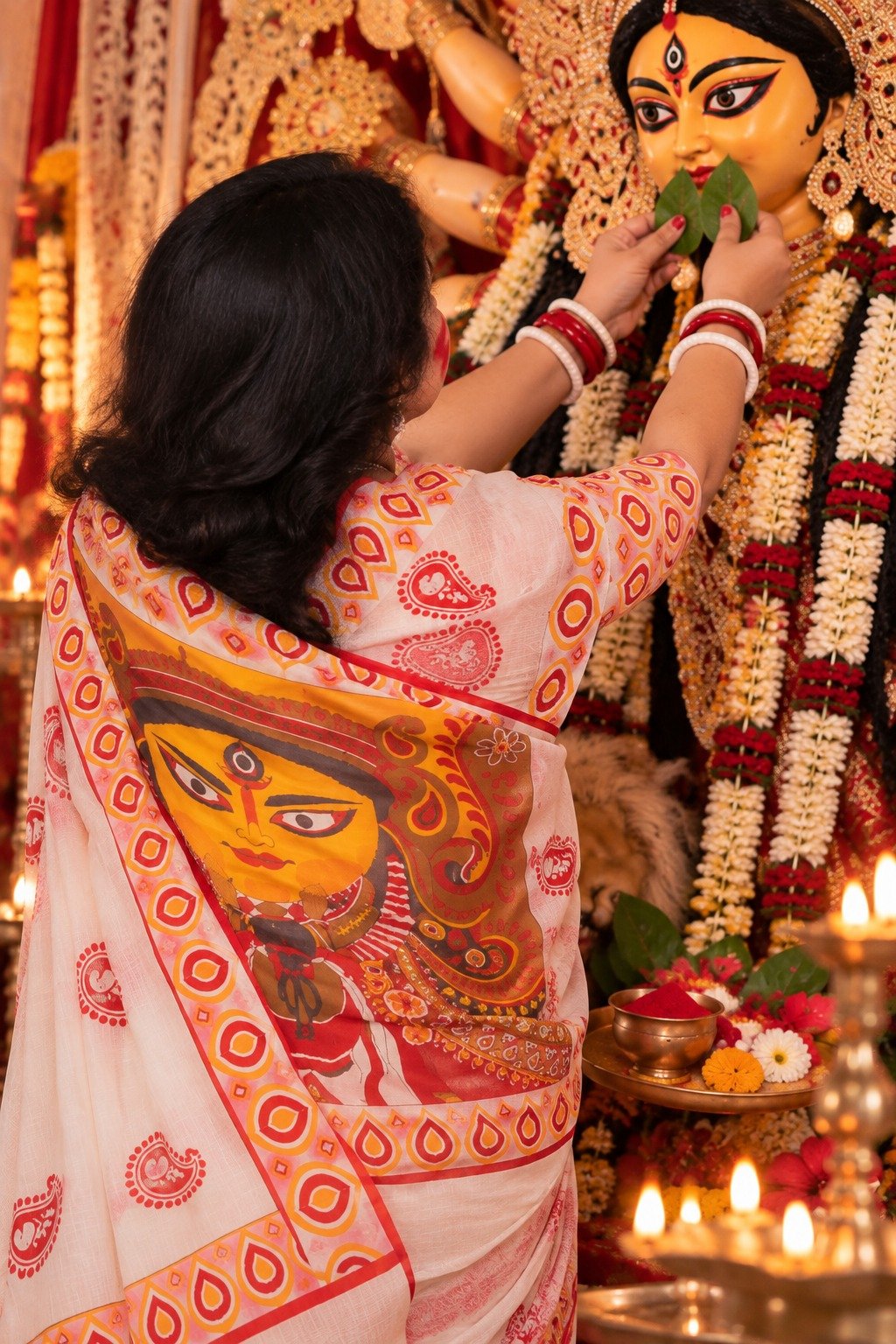 Saarbhi Pure Khadi Cotton Durga Hand Print Dashami Special Saree image 2