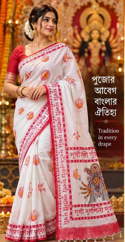 Saarbhi Pure Khadi Cotton Written Durga Hand Print Saree image 2