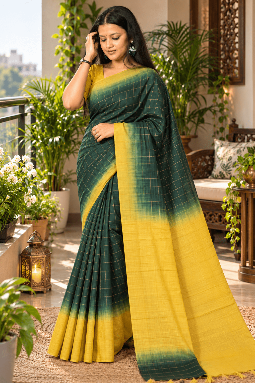 Saarbhi – Green Yellow Contrast Mangalgiri Check Saree image 2