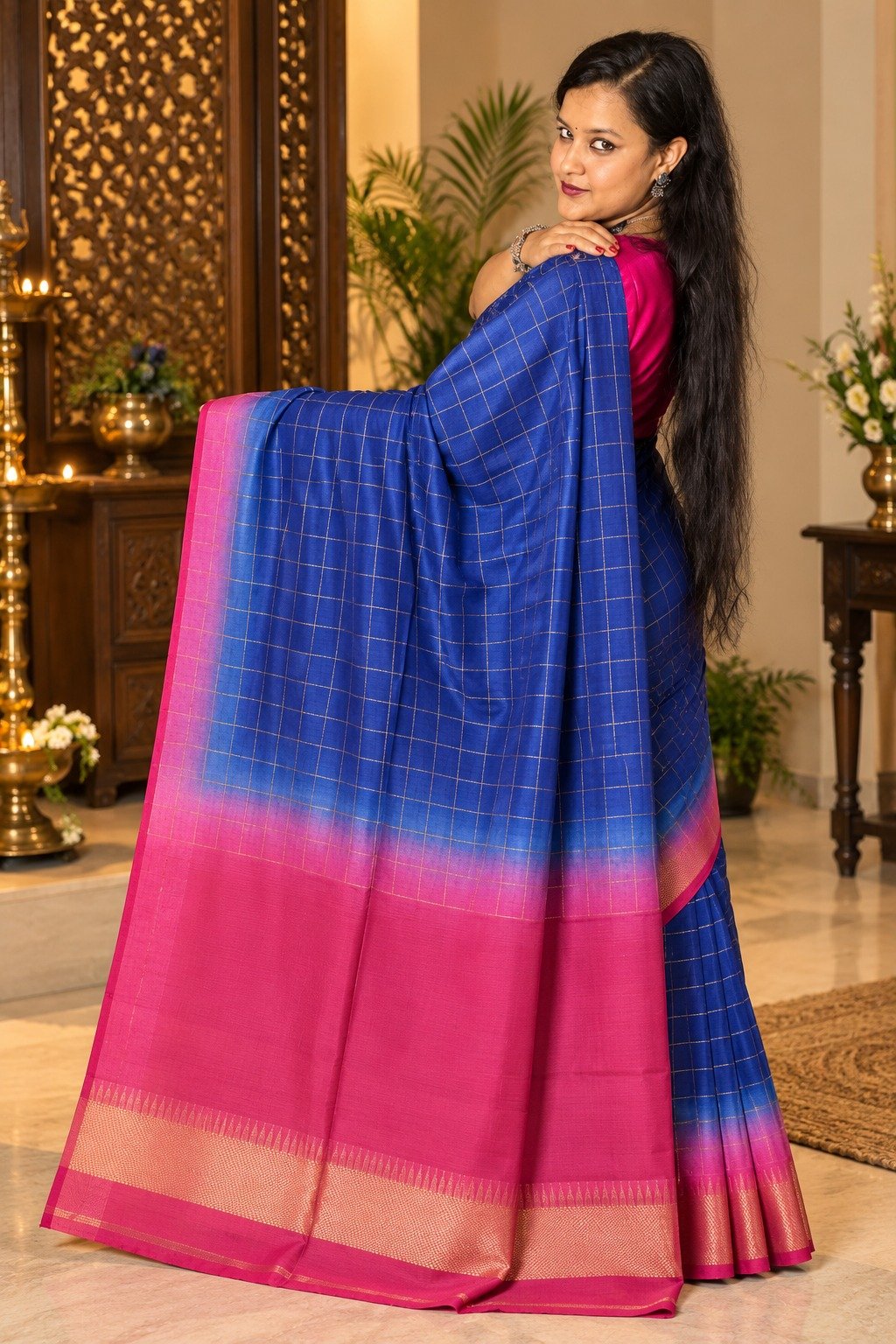 Saarbhi - Blue Pink Contrast Mangalgiri Check Saree image 2