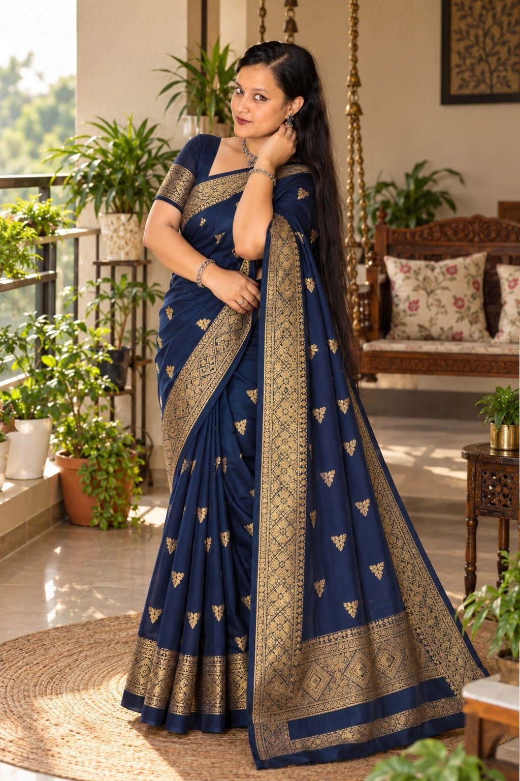 Saarbhi – Maheswari Silk Saree- Navy Blue  image 2