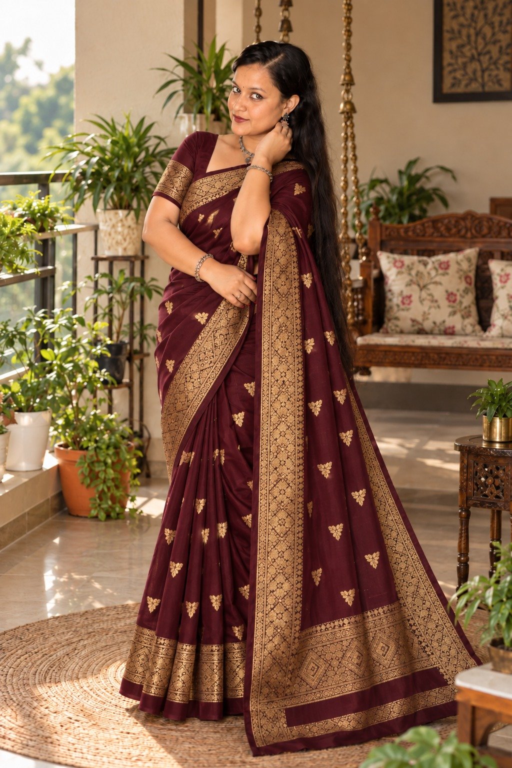 Saarbhi- Maroon Maheswari Silk Saree image 2