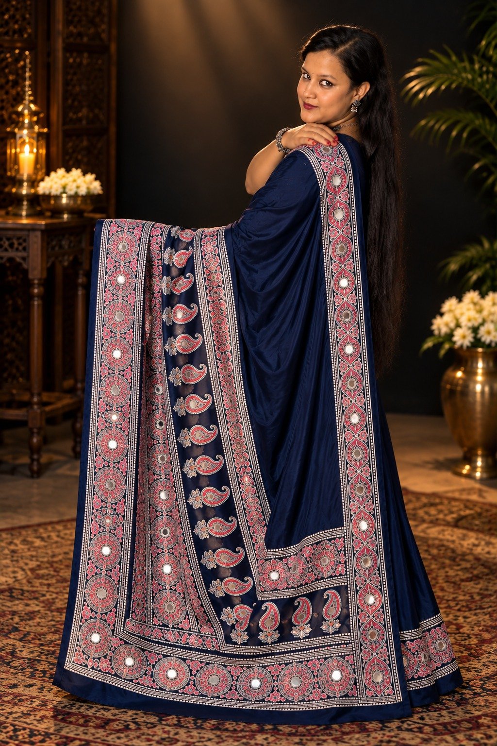 Saarbhi Trending Navy Blue  Mirror Modal Saree image 2