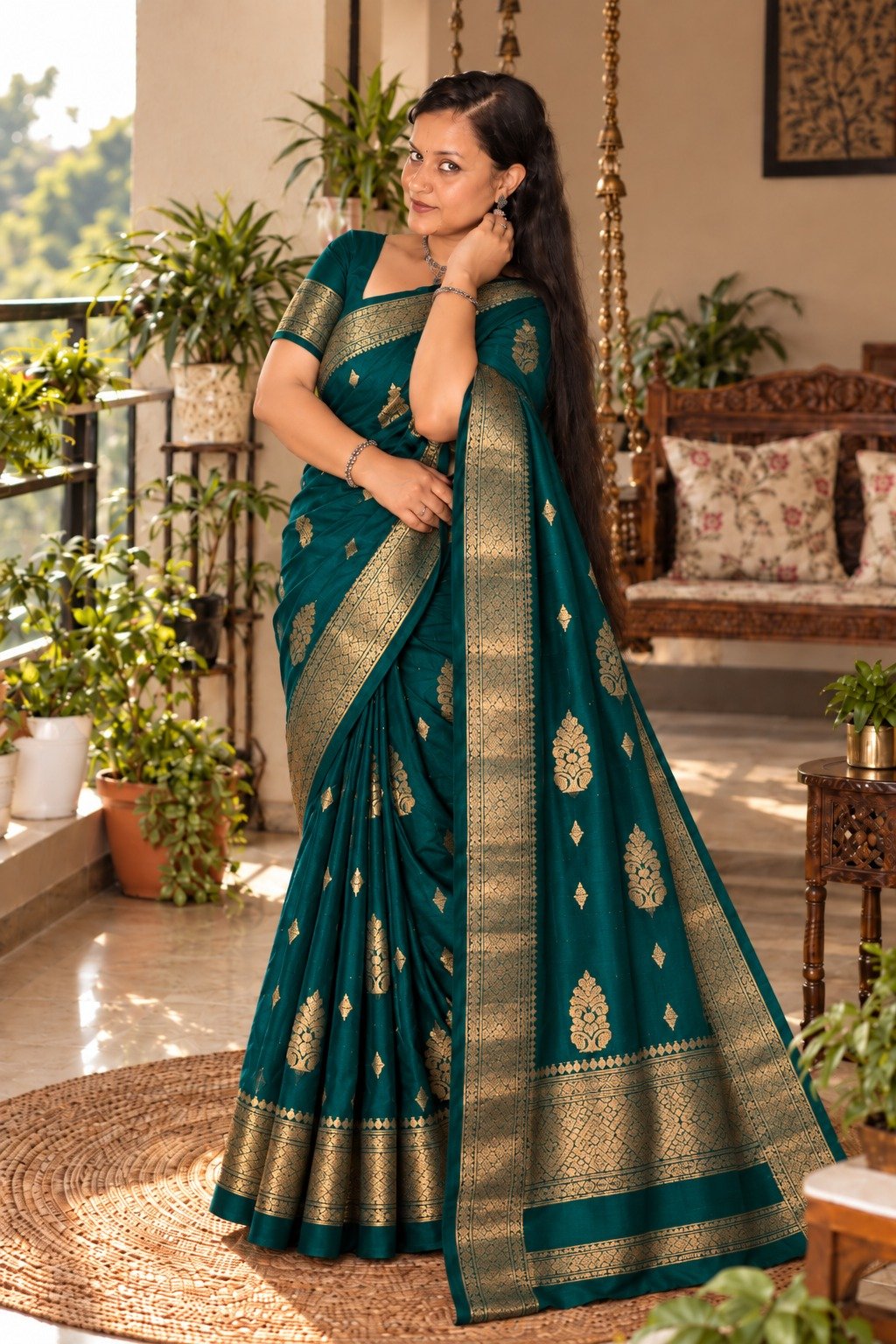 Saarbhi- Peacock Green Maheswari Silk Saree image 2