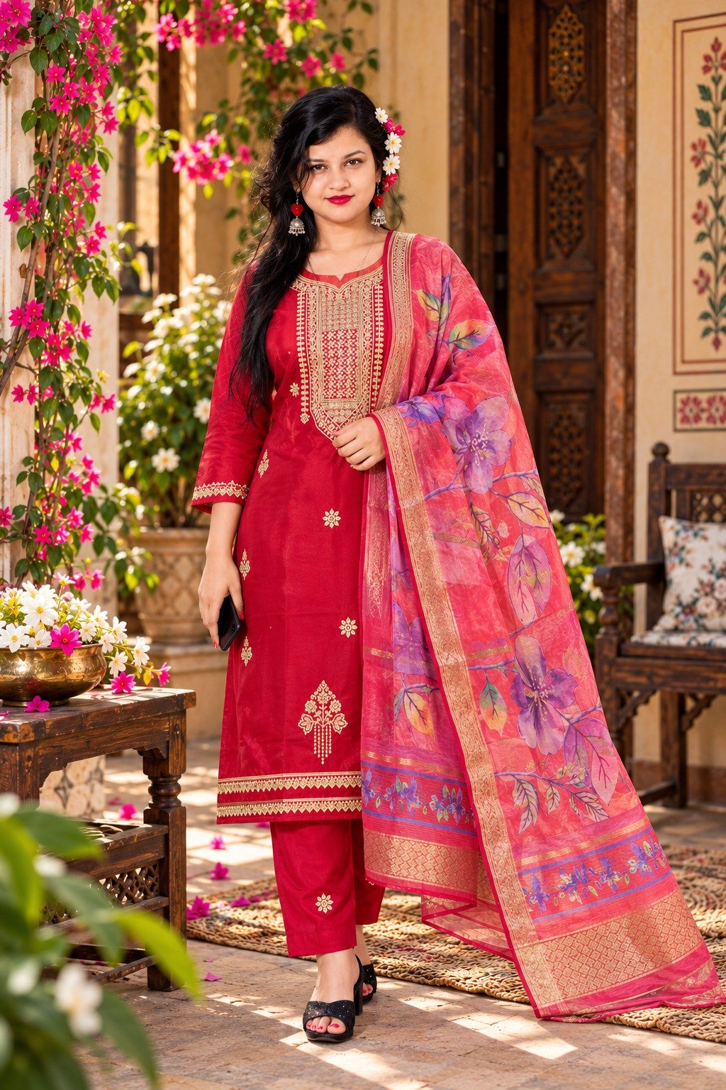 Saarbhi - Premium Red Organza Embroidered 3-Piece Suit image 2