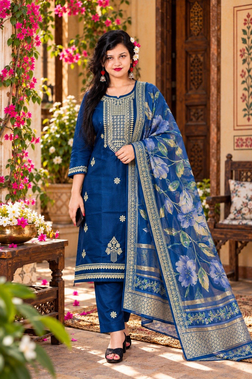 Saarbhi - Blue Premium Organza Embroidered 3-Piece Suit image 2
