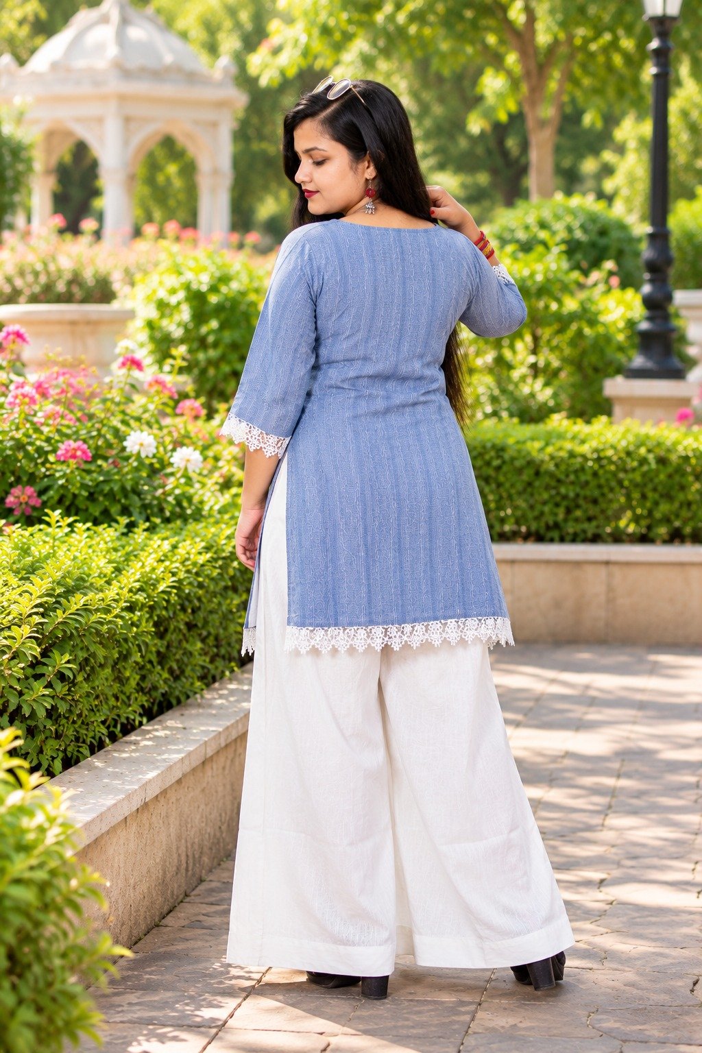 Saarbhi Sky Blue Lace Elegance Short Kurti Palazzo Set image 2