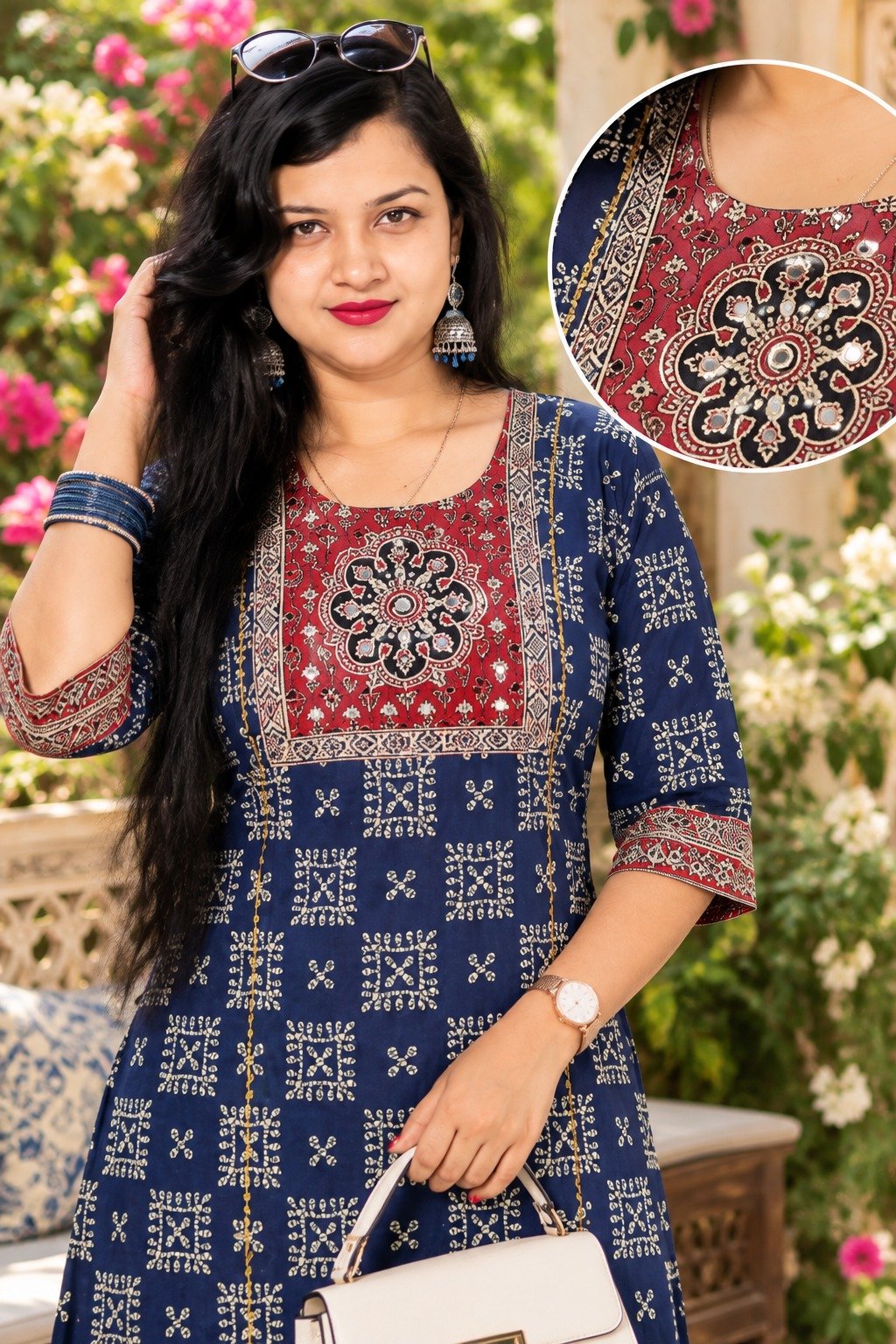 Saarbhi – Mirror Work Kalamkari Kurti- Blue  image 2
