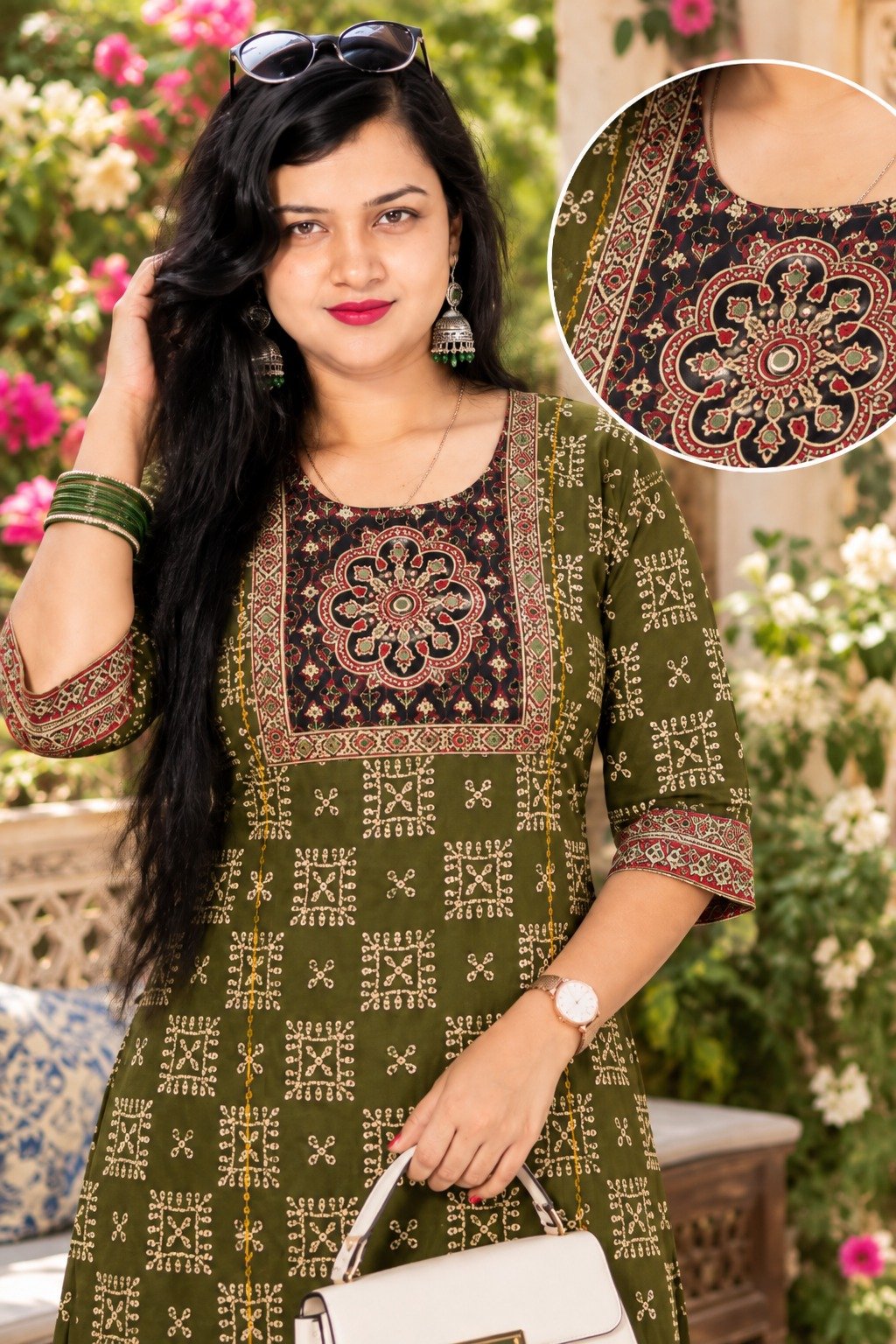 Saarbhi Mirror Work Kalamkari Printed Short Kurti – Olive Green image 2