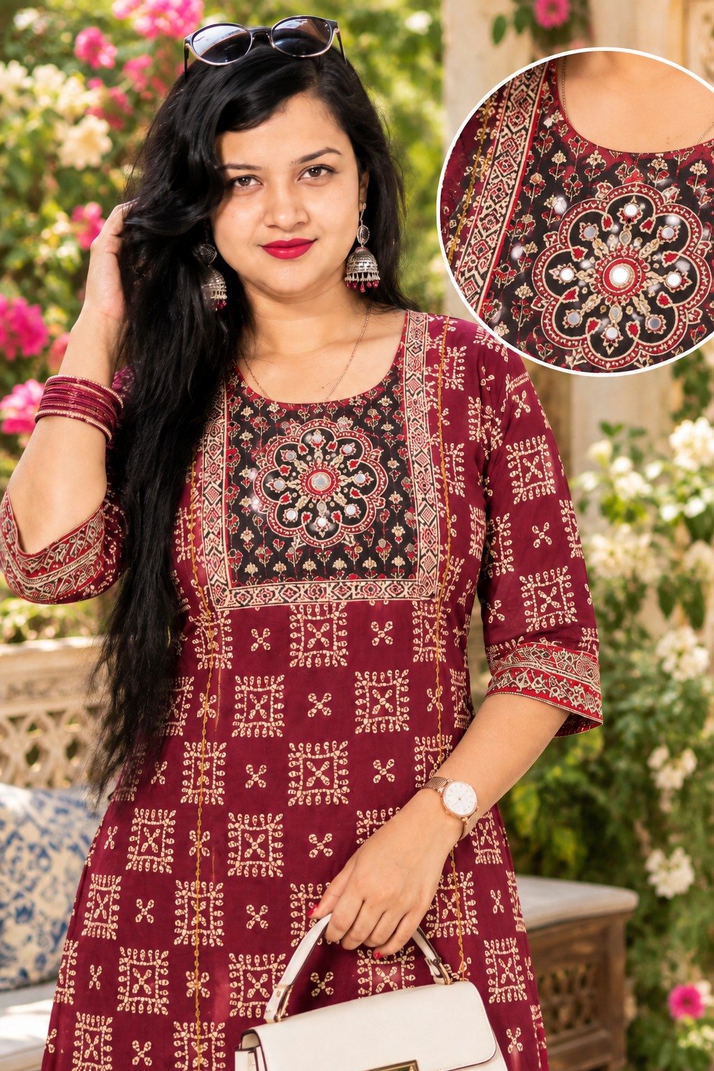 Saarbhi Mirror Work Kalamkari Printed Straight Kurti – Maroon image 2