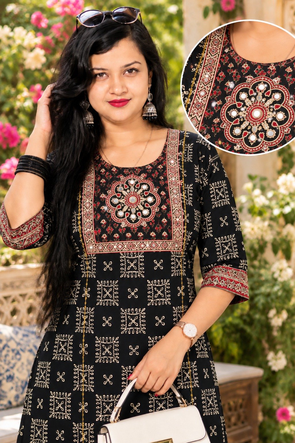 Saarbhi Mirror Work Kalamkari Printed Straight Kurti – Black image 2