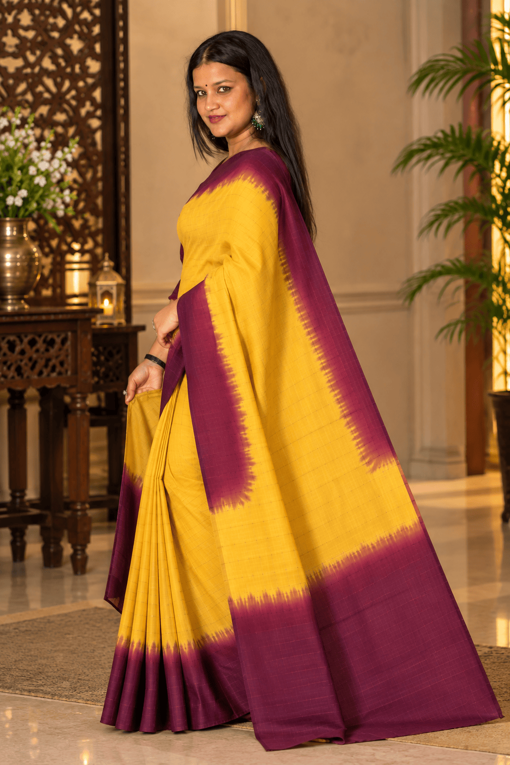 Saarbhi –Maroon Yellow Contrast Mangalgiri Check Saree image 3
