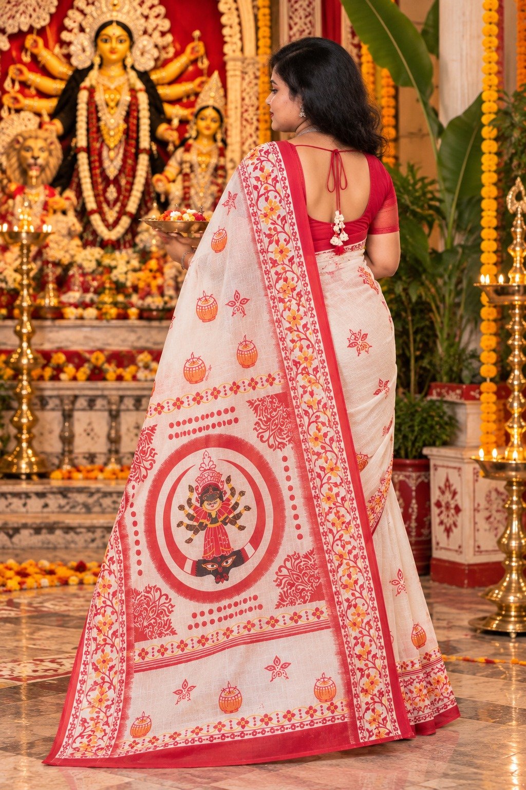 Saarbhi Pure Khadi Cotton Durga Hand Print Saree image 3