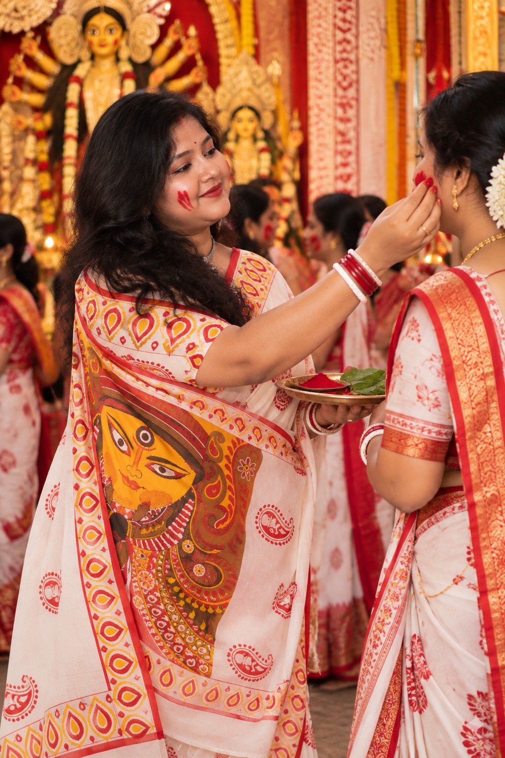 Saarbhi Pure Khadi Cotton Durga Hand Print Dashami Special Saree image 3