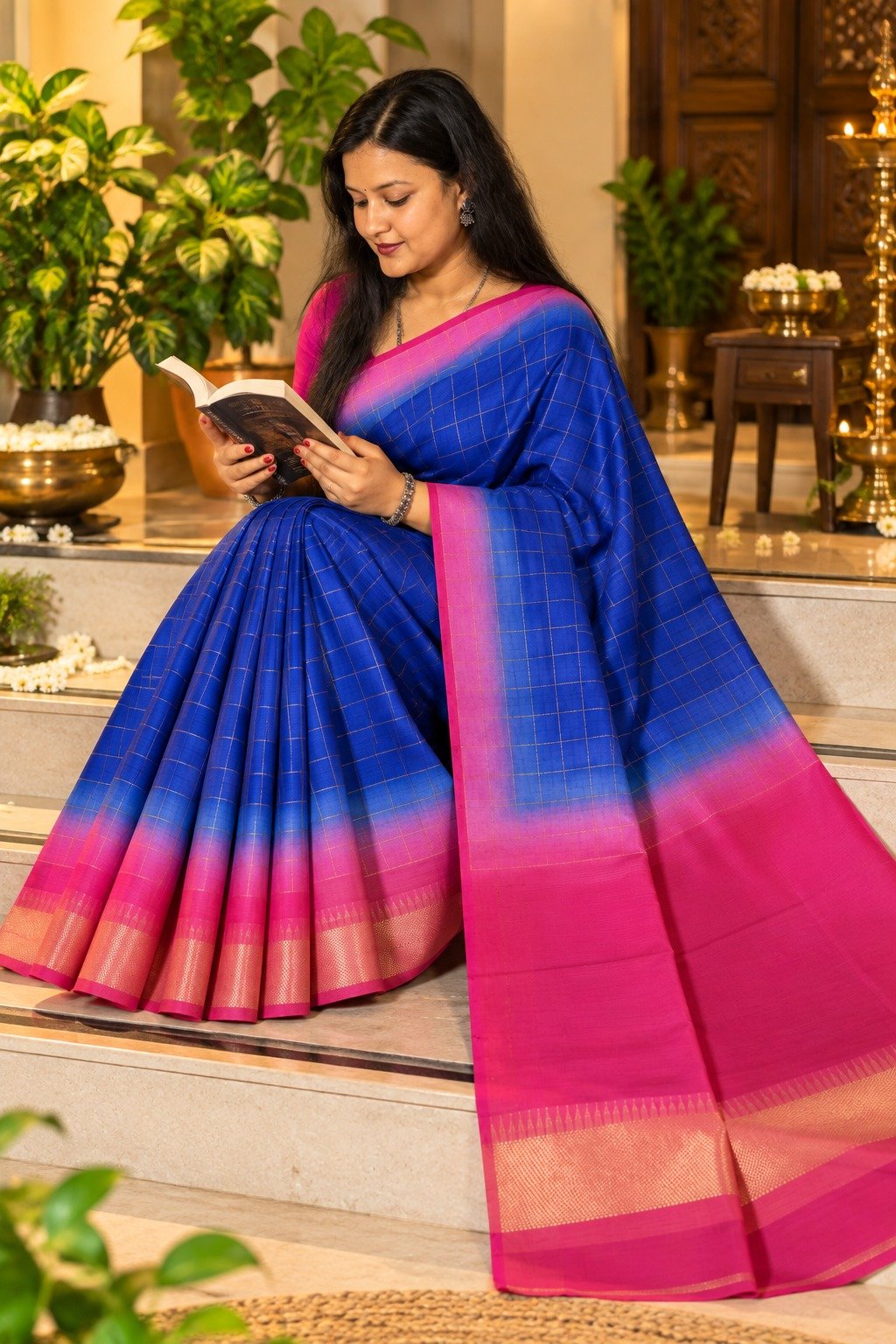 Saarbhi - Blue Pink Contrast Mangalgiri Check Saree image 3