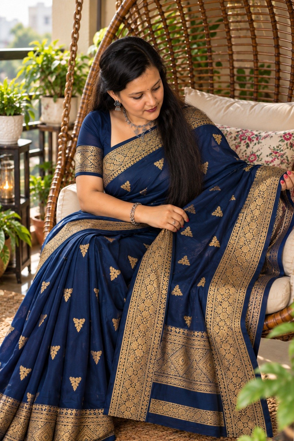 Saarbhi – Maheswari Silk Saree- Navy Blue  image 3