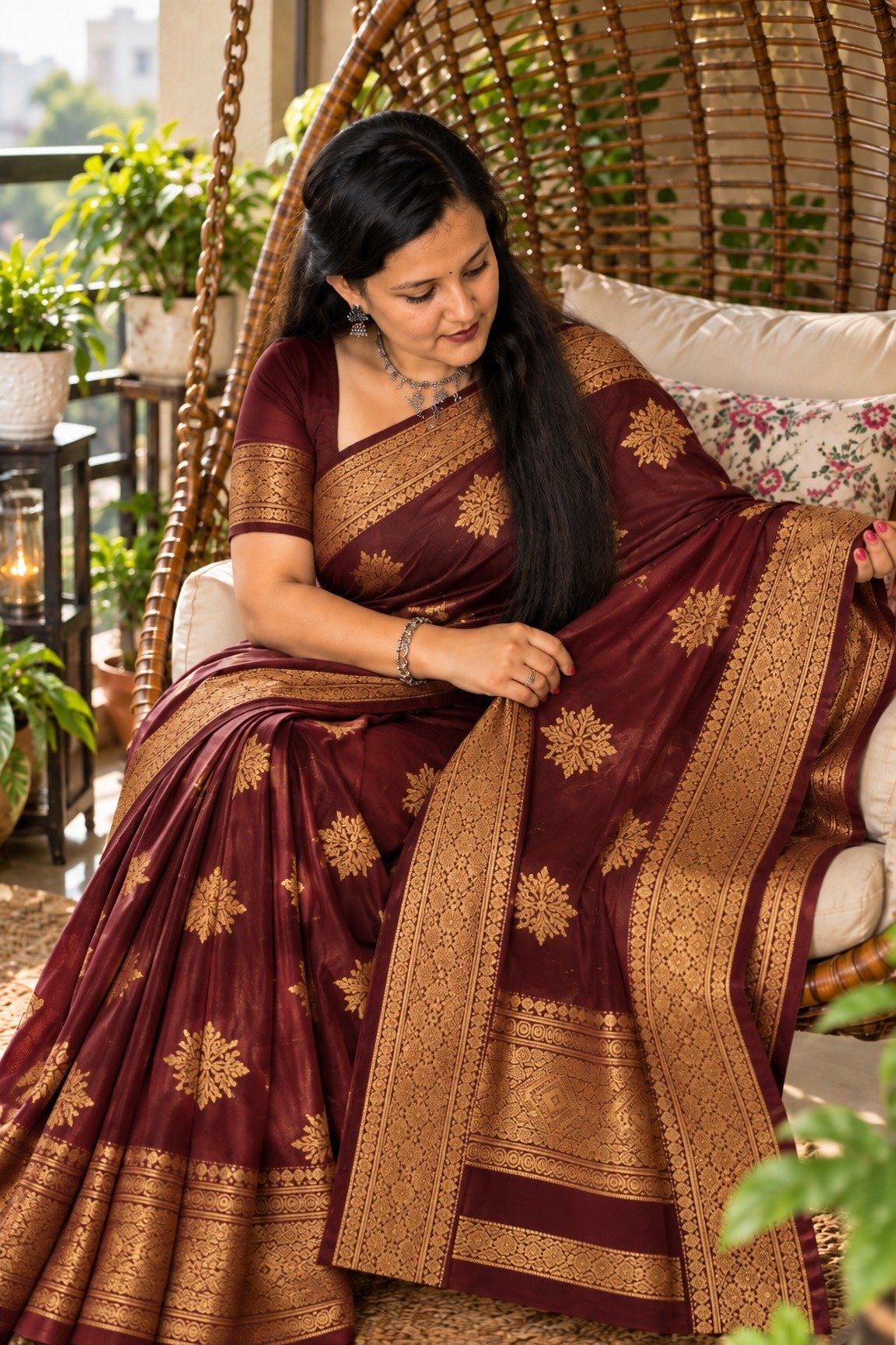 Saarbhi- Maroon Maheswari Silk Saree image 3