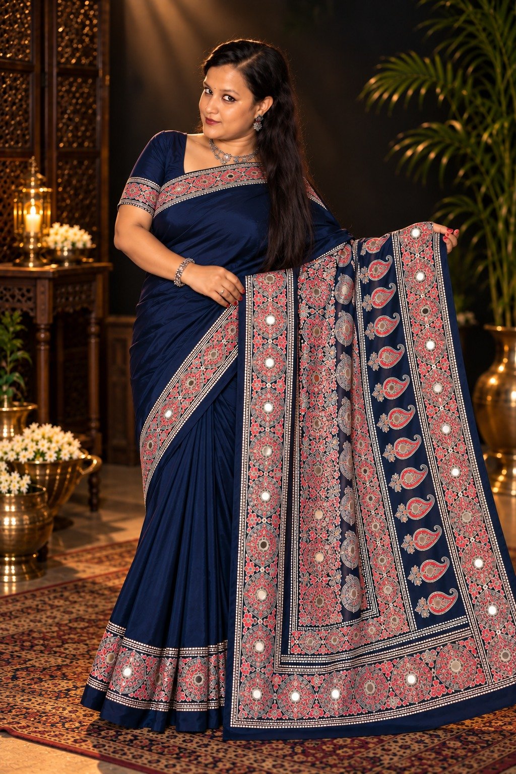 Saarbhi Trending Navy Blue  Mirror Modal Saree image 3