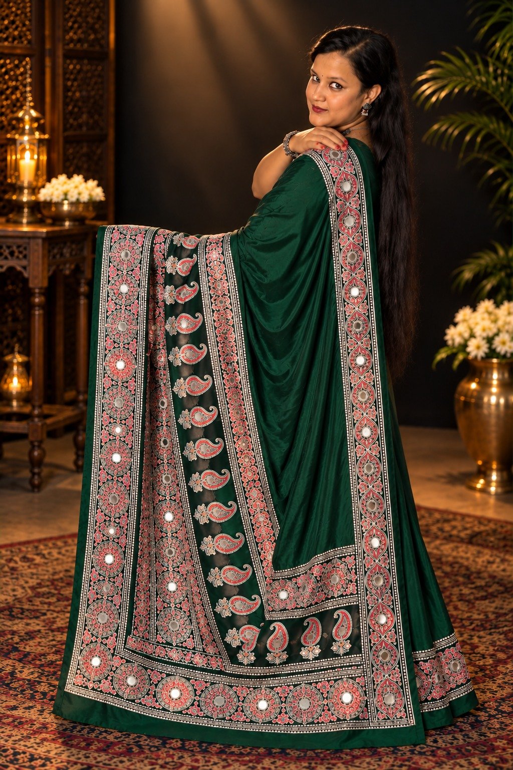 Saarbhi Green Trending Mirror Modal Saree image 3