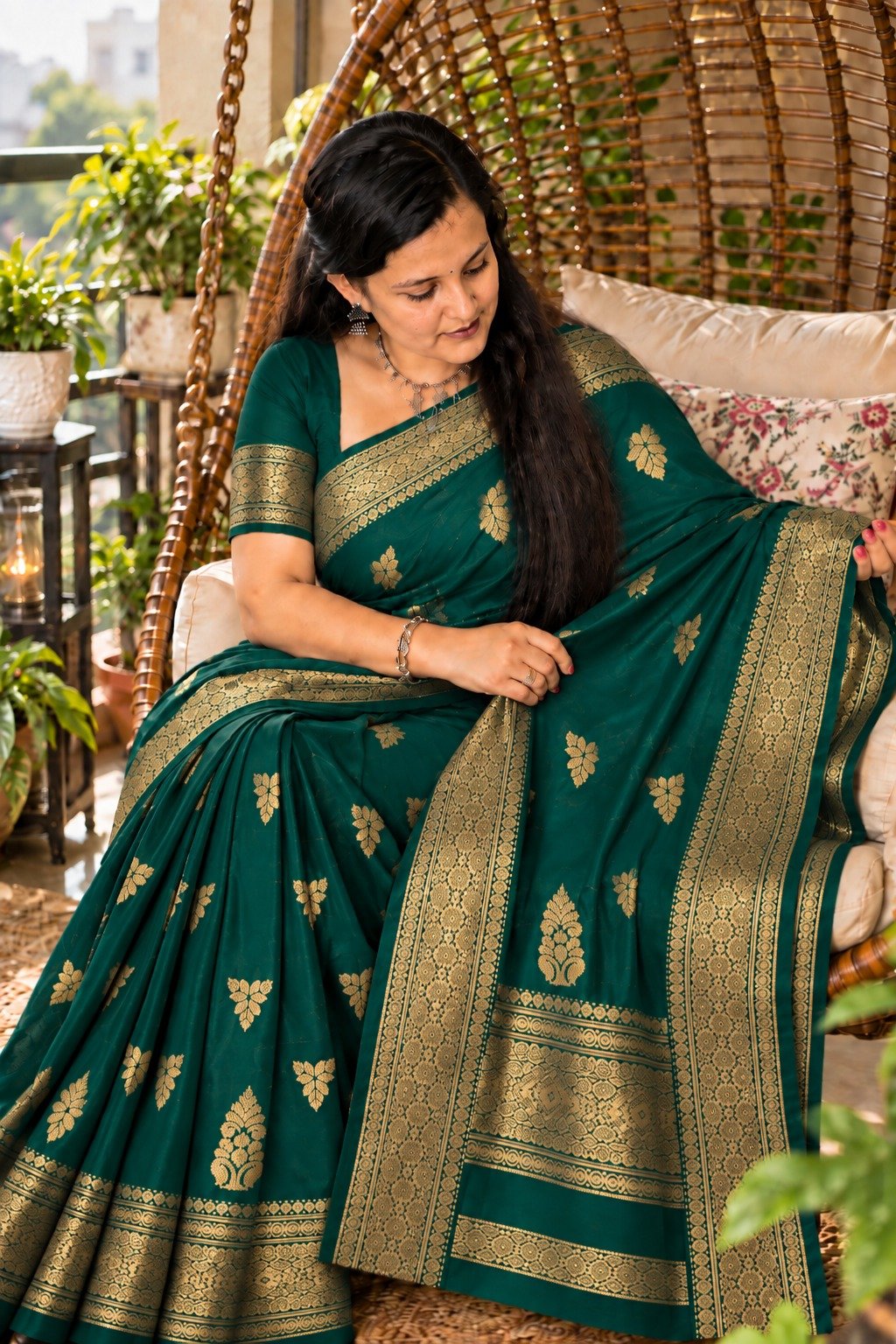 Saarbhi- Peacock Green Maheswari Silk Saree image 3