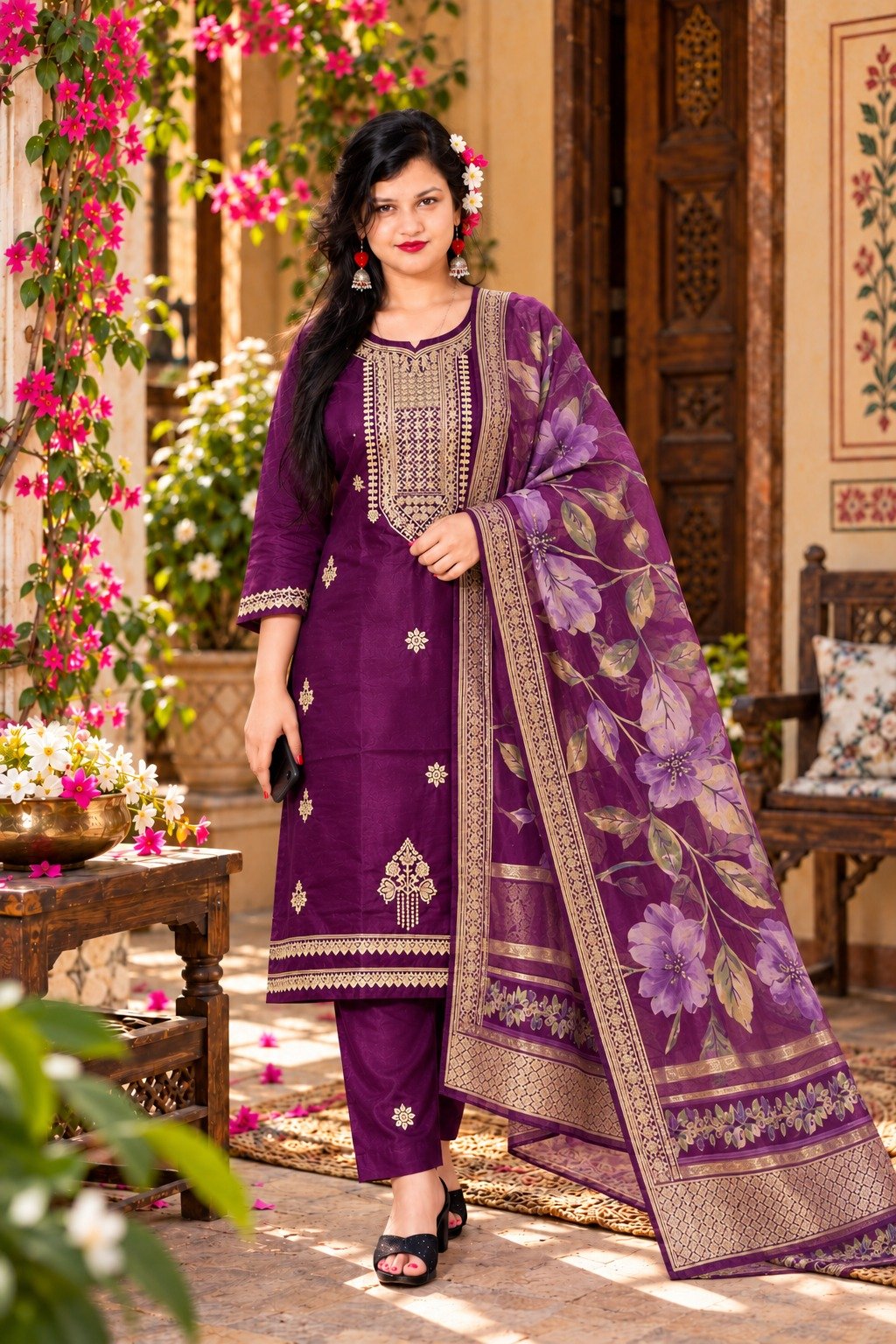 Saarbhi - Purple Premium Organza Embroidered 3-Piece Suit image 3