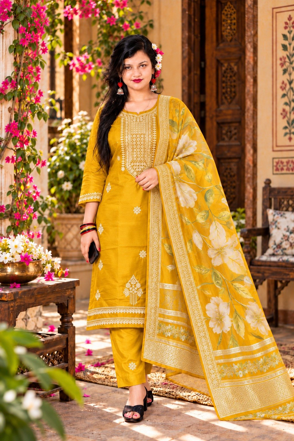 Saarbhi - Yellow Premium Organza Embroidered 3-Piece Suit image 3
