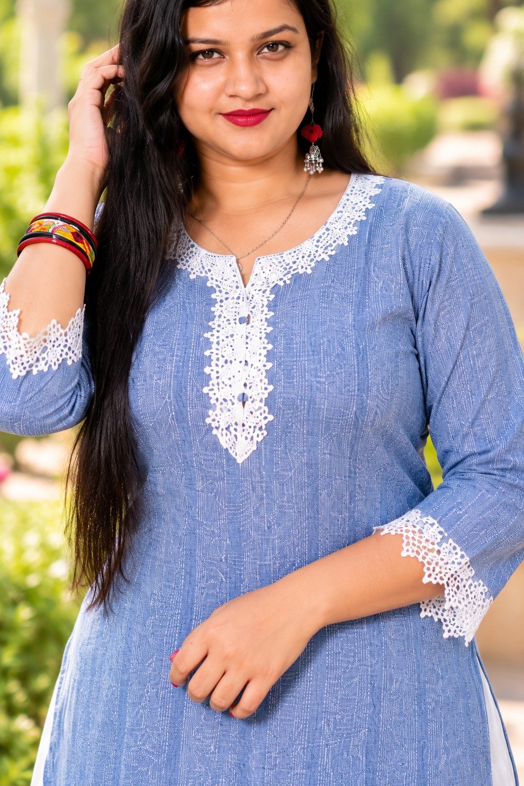 Saarbhi Sky Blue Lace Elegance Short Kurti Palazzo Set image 3