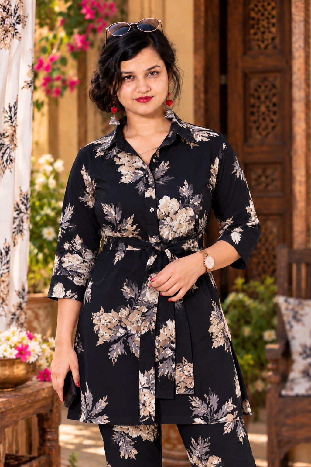 Saarbhi Floral Shirt & Pant Co-Ord Set - Black image 3