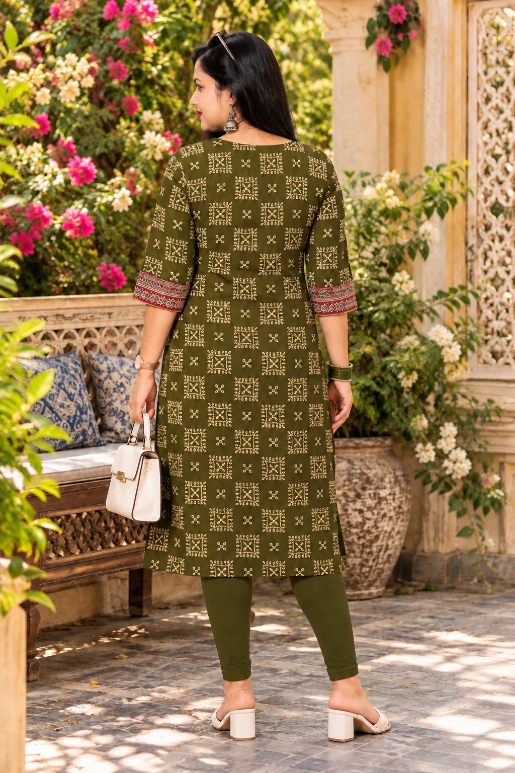 Saarbhi Mirror Work Kalamkari Printed Short Kurti – Olive Green image 3