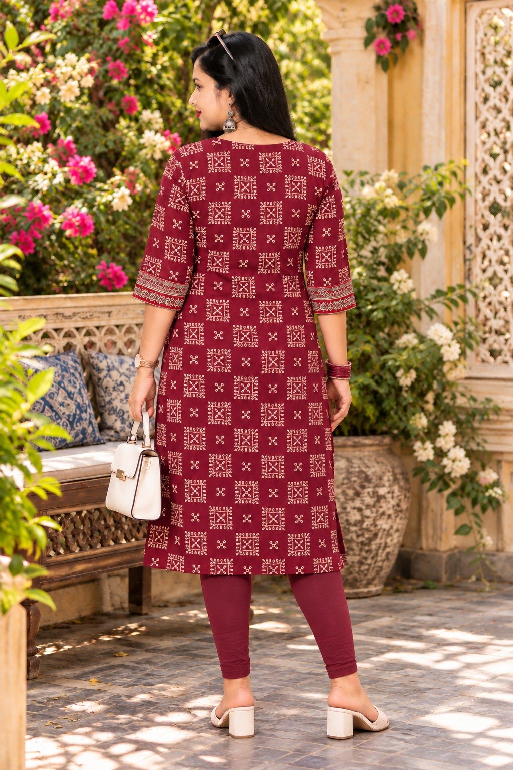 Saarbhi Mirror Work Kalamkari Printed Straight Kurti – Maroon image 3