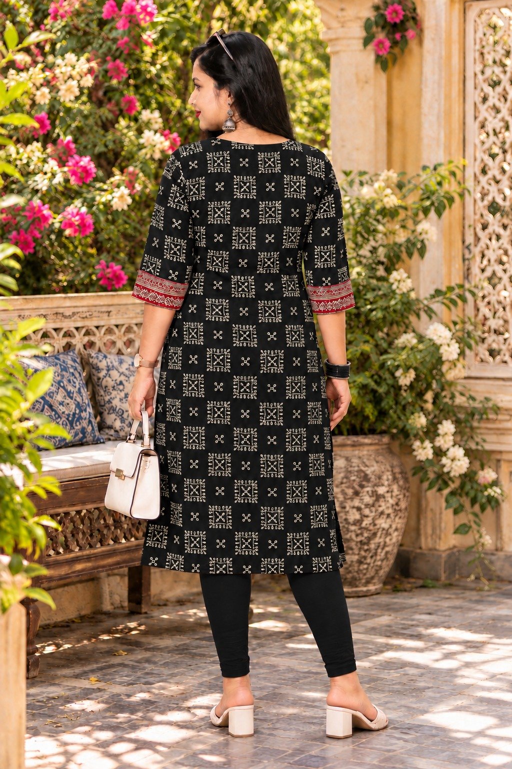 Saarbhi Mirror Work Kalamkari Printed Straight Kurti – Black image 3