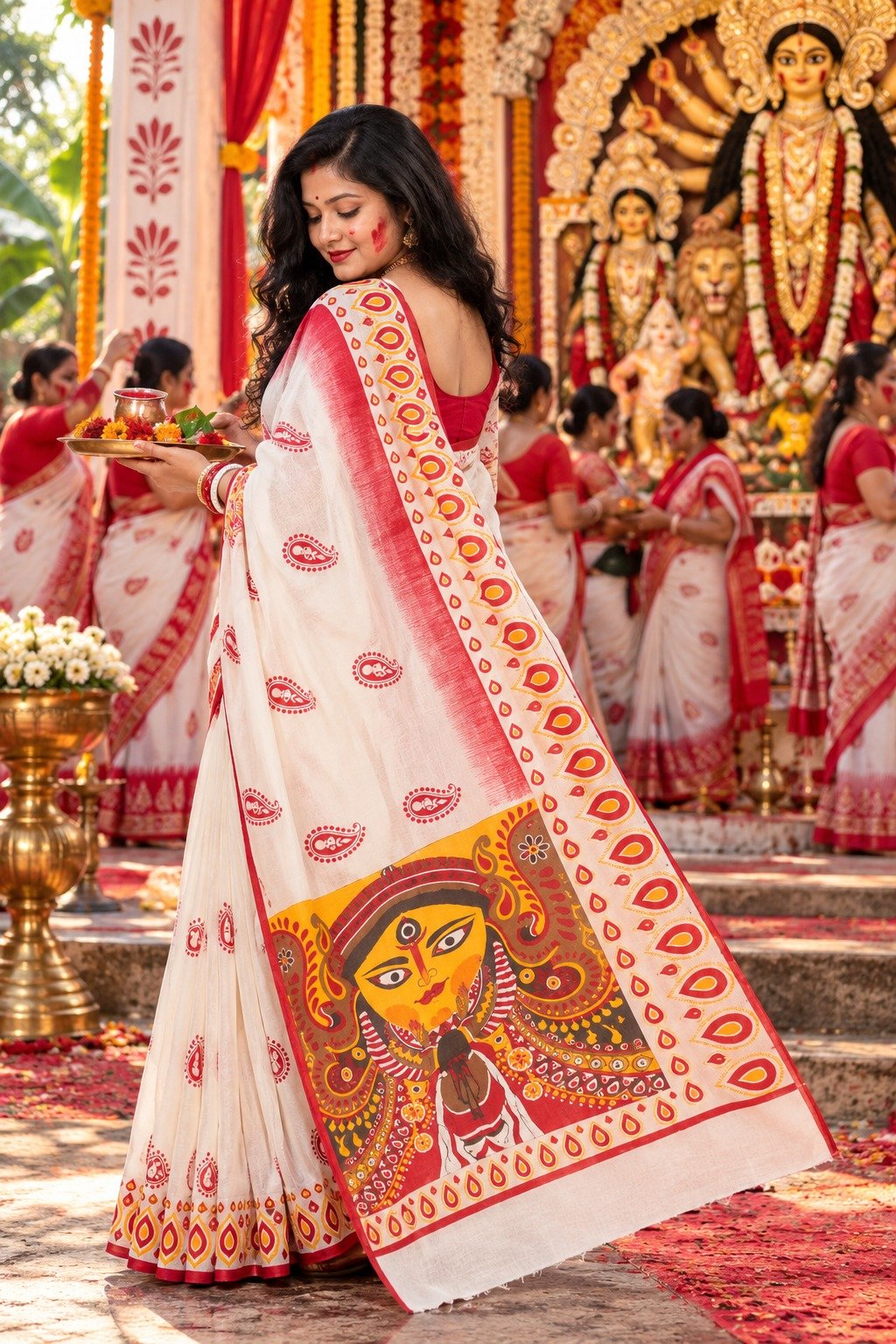 Saarbhi Pure Khadi Cotton Durga Hand Print Dashami Special Saree image 4