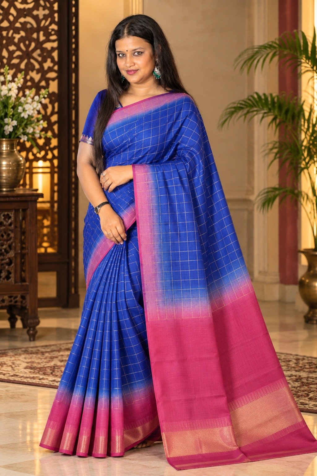 Saarbhi - Blue Pink Contrast Mangalgiri Check Saree image 4