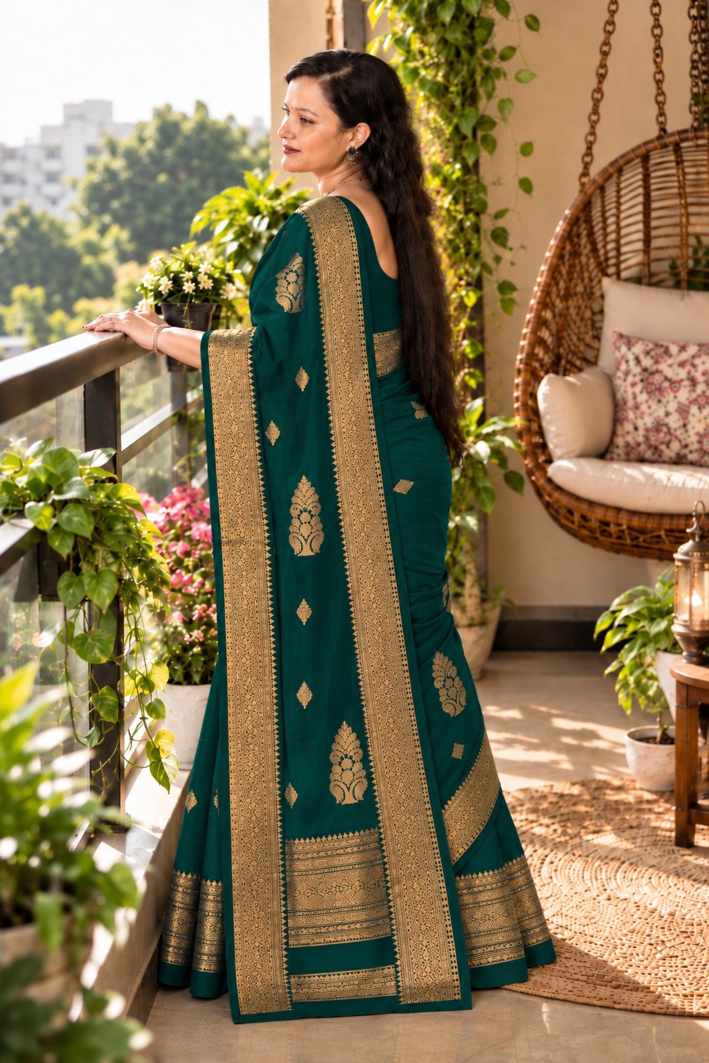 Saarbhi- Peacock Green Maheswari Silk Saree image 4