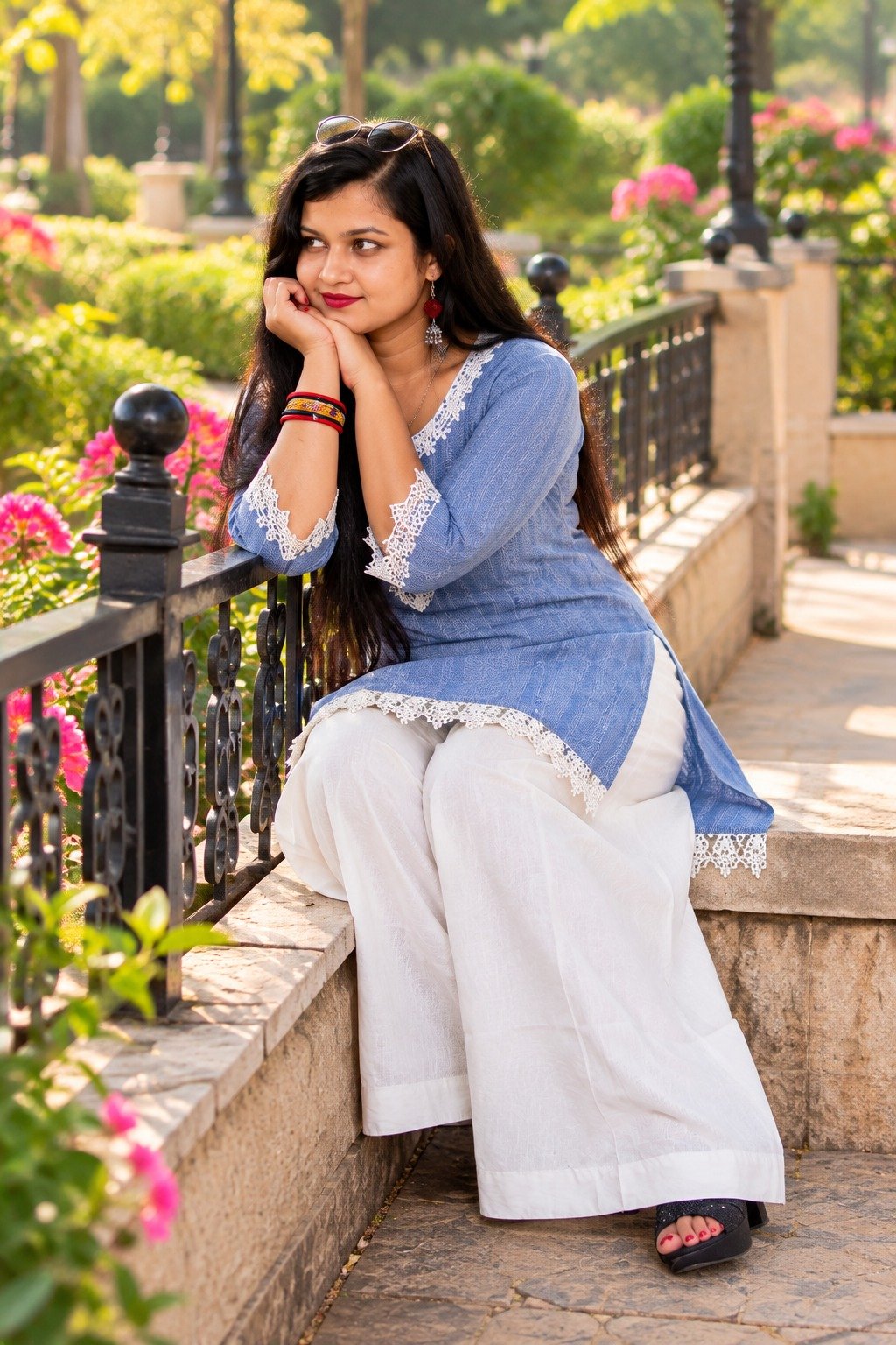 Saarbhi Sky Blue Lace Elegance Short Kurti Palazzo Set image 4
