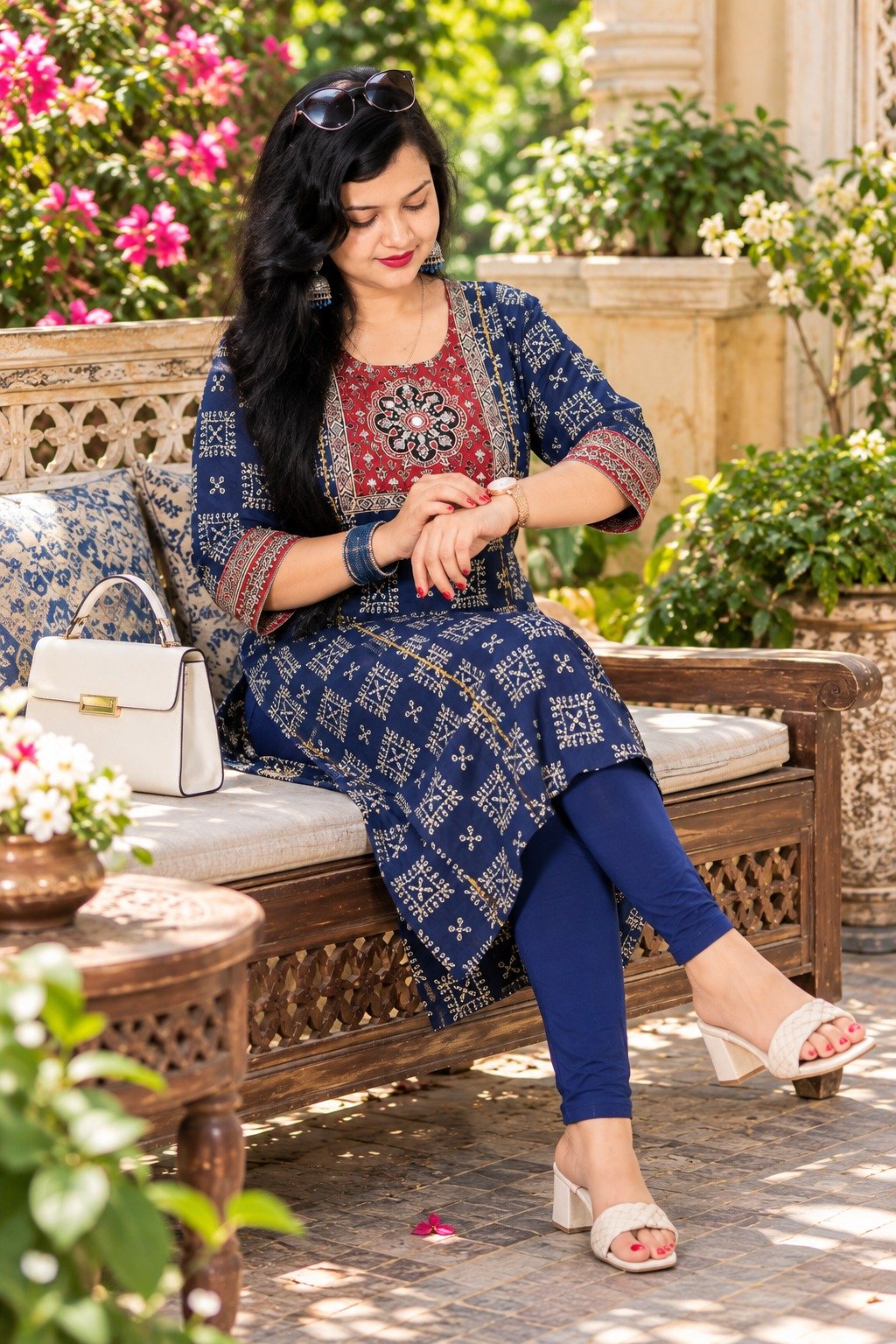 Saarbhi – Mirror Work Kalamkari Kurti- Blue  image 4