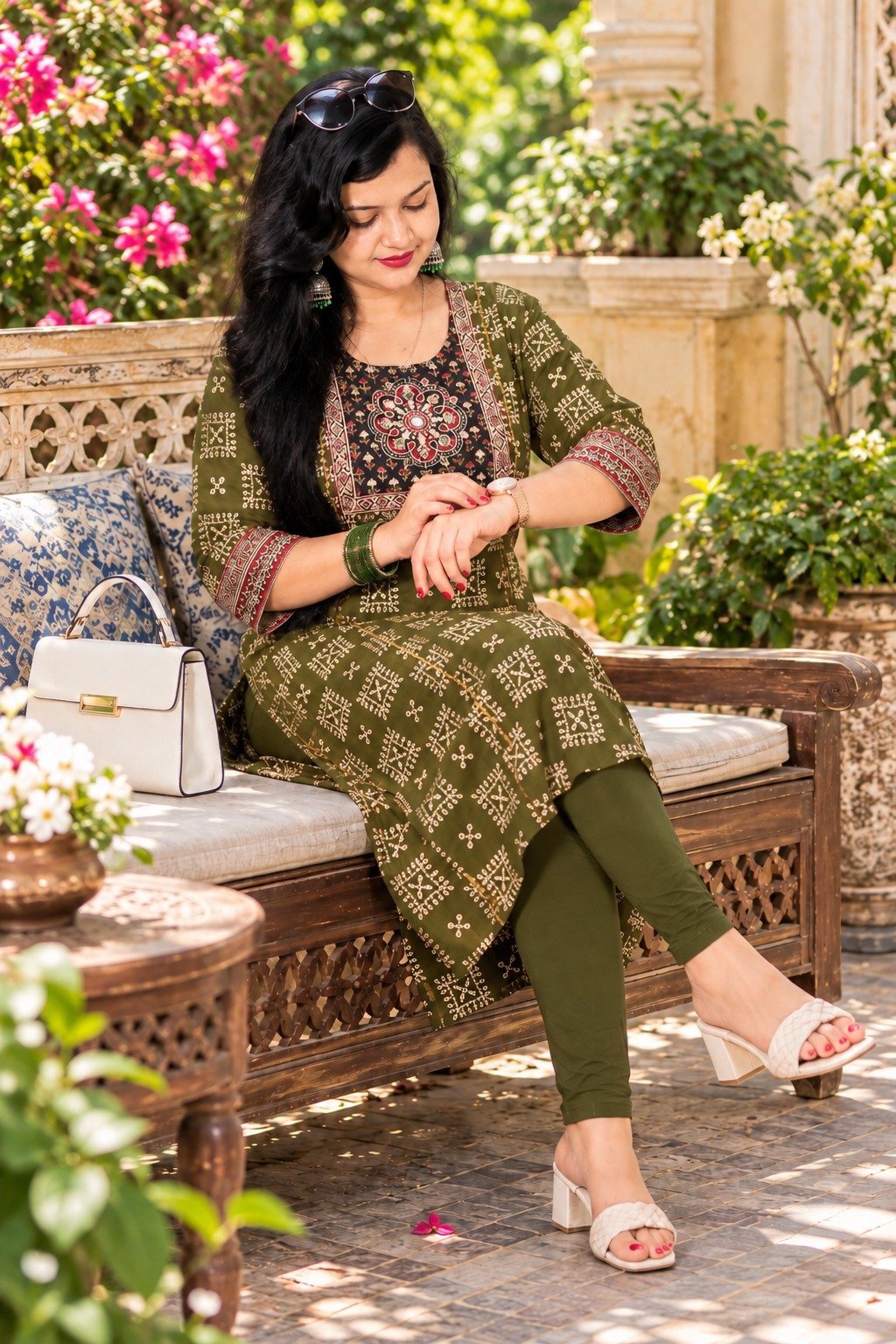 Saarbhi Mirror Work Kalamkari Printed Short Kurti – Olive Green image 4