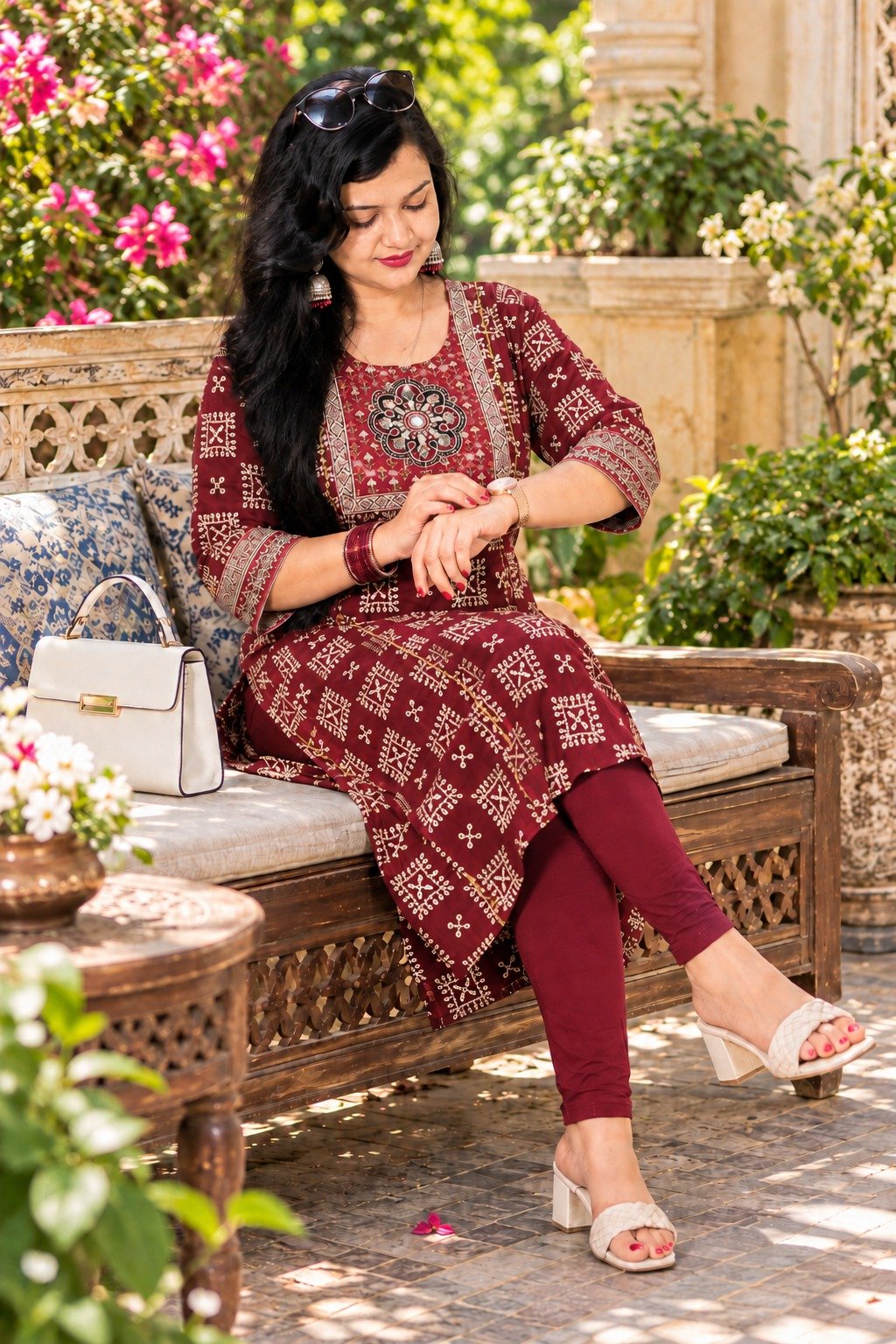 Saarbhi Mirror Work Kalamkari Printed Straight Kurti – Maroon image 4