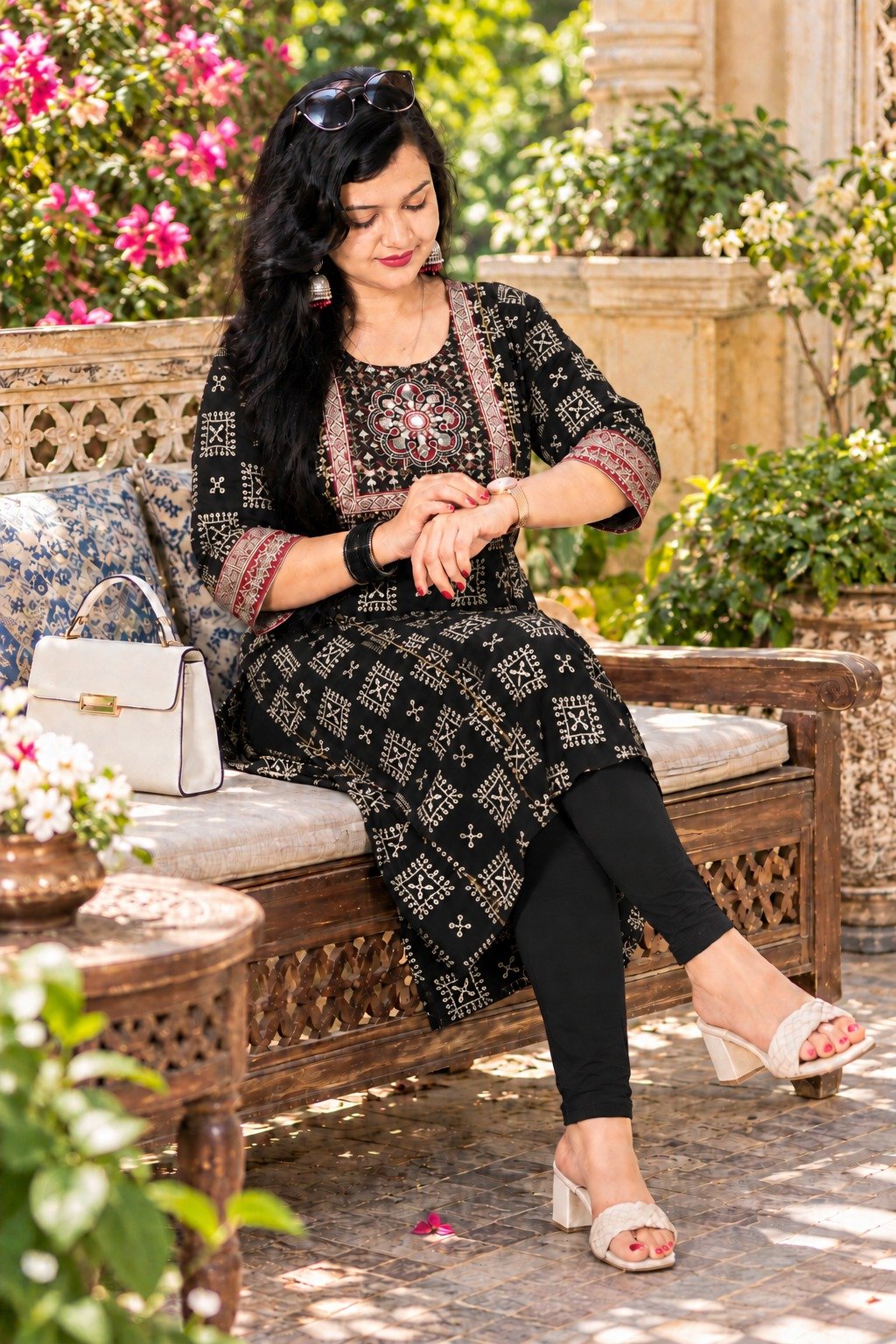 Saarbhi Mirror Work Kalamkari Printed Straight Kurti – Black image 4