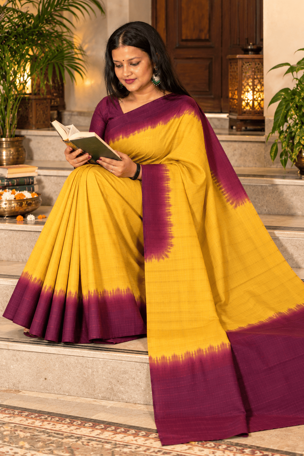 Saarbhi –Maroon Yellow Contrast Mangalgiri Check Saree image 5